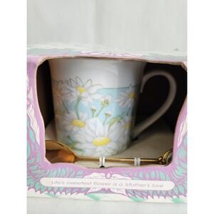 Applause Floral Duet Porcelain Mug 24k Gold Plated Spoon Mother's Love Daisy Set